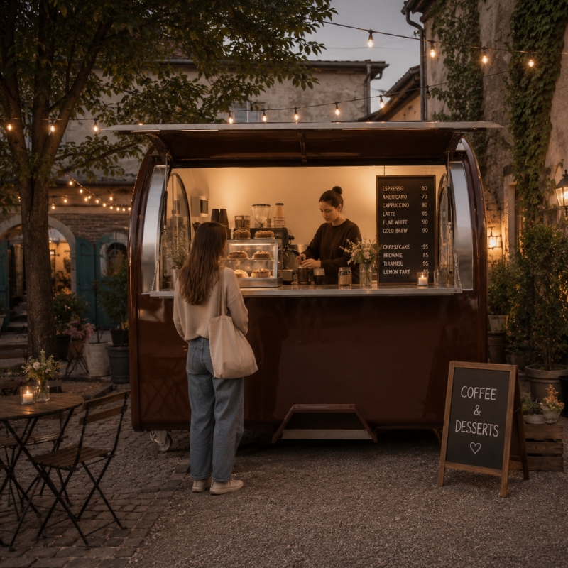 Food truck hnědý 2 m, RAL 8011 bez lednice 
