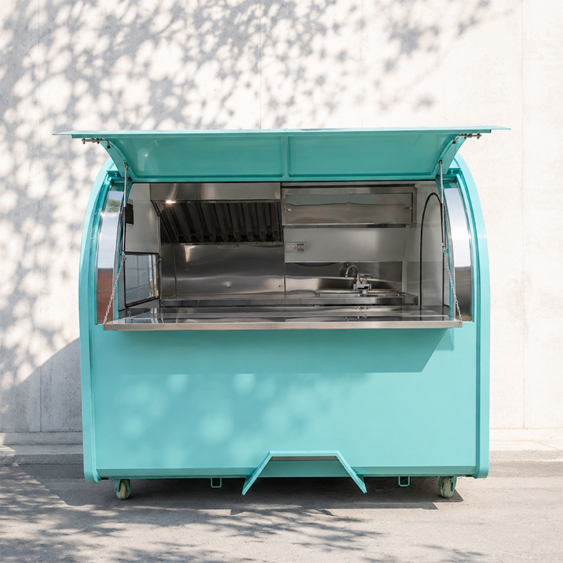 Food truck zelenkavá 2 m, RAL 6027, s lednicí a digestoří