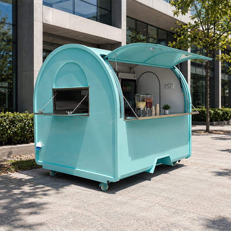 Food truck zelenkavá 2 m, RAL 6027, s lednicí a digestoří
